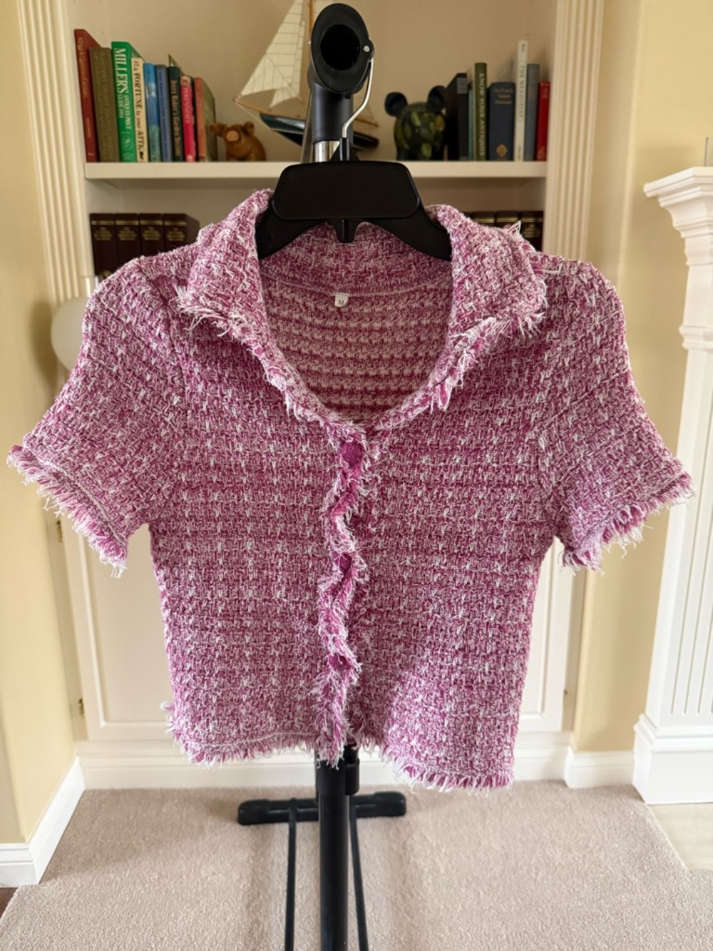 Pink and white tweed short-sleeved crop top